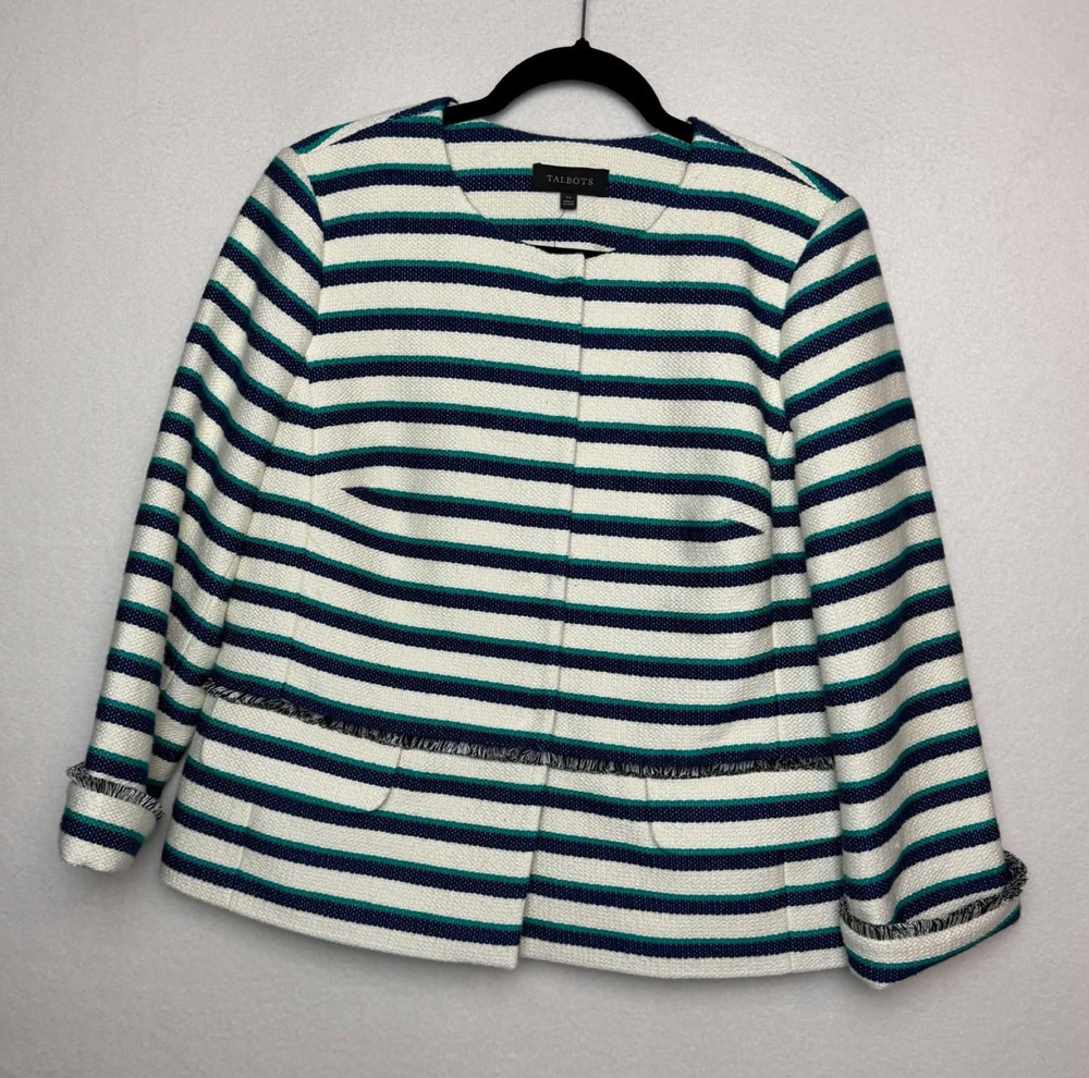 Talbots Striped Tweed Fringe Trim Jacket Blazer Blue Green Ivory Stripes Size 14